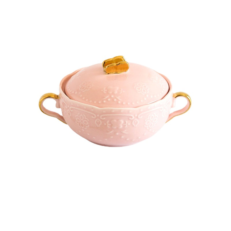 Cubilose Bowl Dessert Bowl European Court Retro Golden Edged Double-Ear Bowl Ceramic with Lid Slow Cooker Tremella, a Kind of Semi-Transparent White Fungus Bowl Soup Bowl