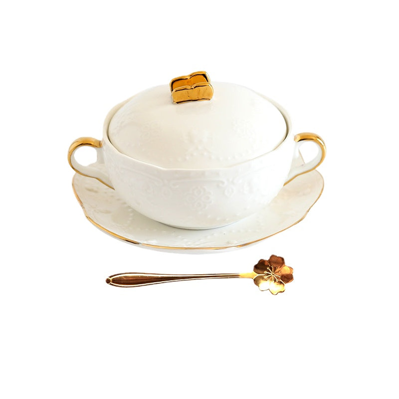 Cubilose Bowl Dessert Bowl European Court Retro Golden Edged Double-Ear Bowl Ceramic with Lid Slow Cooker Tremella, a Kind of Semi-Transparent White Fungus Bowl Soup Bowl