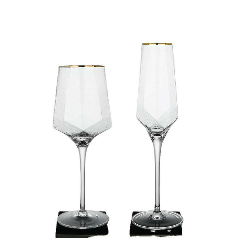 Wine Glass Hammered Golden Edge Diamond-Shaped Champagne Glass Lead-Free Glass Cup European Retro Goblet Wine Glass