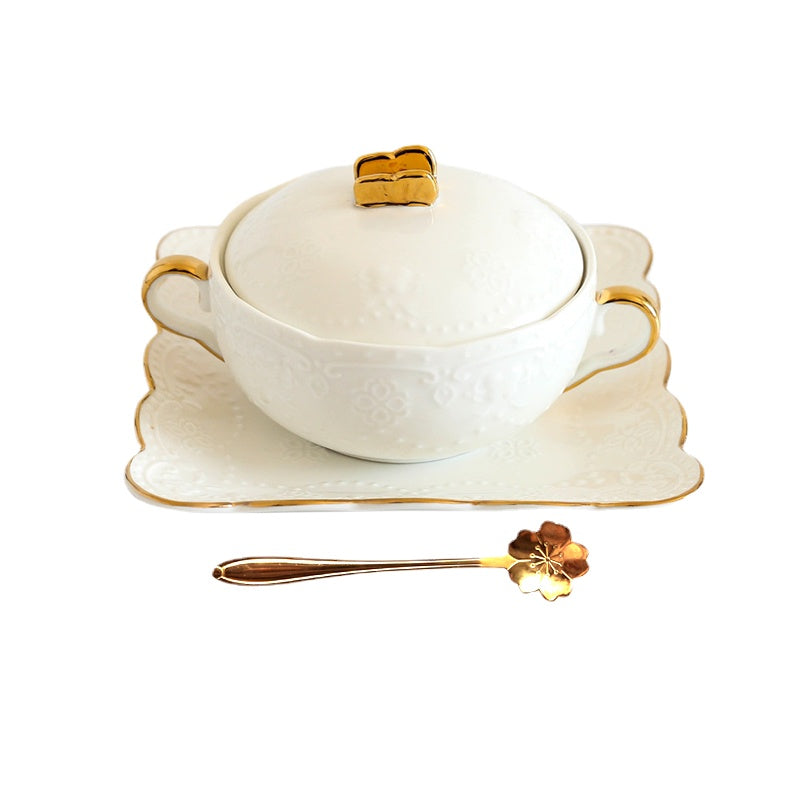 Cubilose Bowl Dessert Bowl European Court Retro Golden Edged Double-Ear Bowl Ceramic with Lid Slow Cooker Tremella, a Kind of Semi-Transparent White Fungus Bowl Soup Bowl